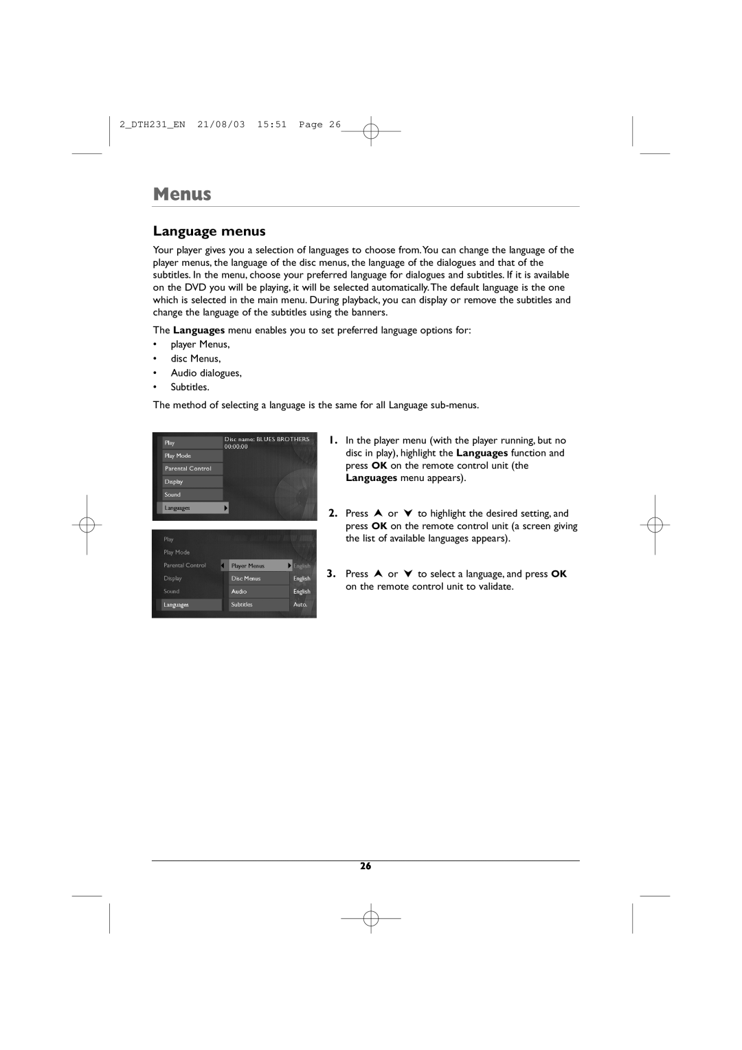 Technicolor - Thomson DTH231 manual Language menus, Menus 