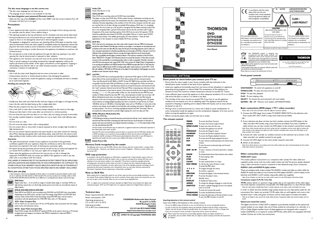 Technicolor - Thomson DTH250E, DTH252E specifications Precautions, Some points to check before you connect your TV set 