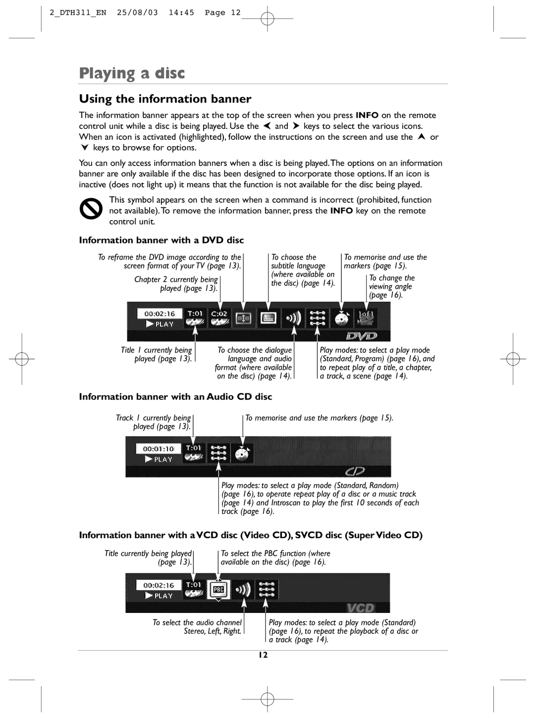 Technicolor - Thomson DTH311 manual Using the information banner, Information banner with a DVD disc 