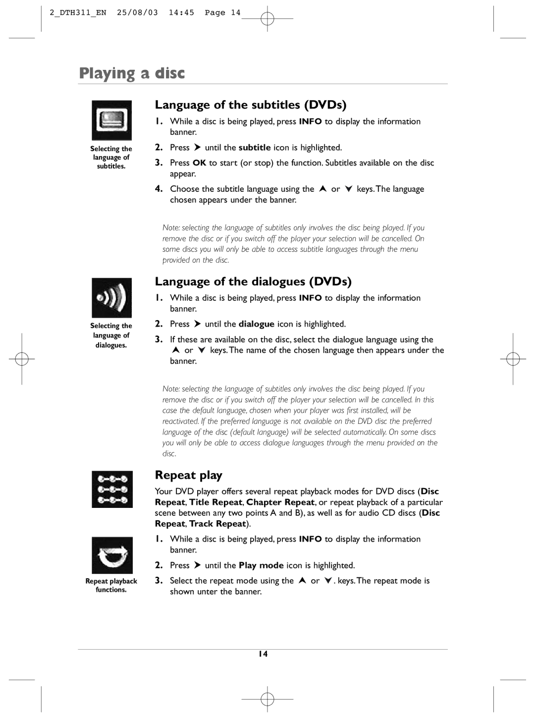 Technicolor - Thomson DTH311 manual Language of the subtitles DVDs, Language of the dialogues DVDs, Repeat play 