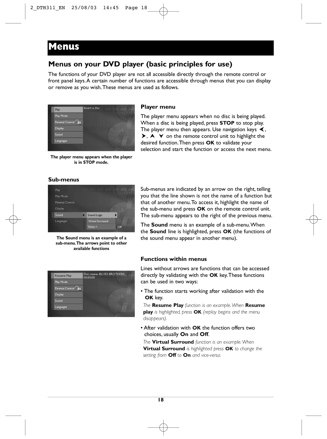 Technicolor - Thomson DTH311 manual Menus on your DVD player basic principles for use, Player menu, Sub-menus 