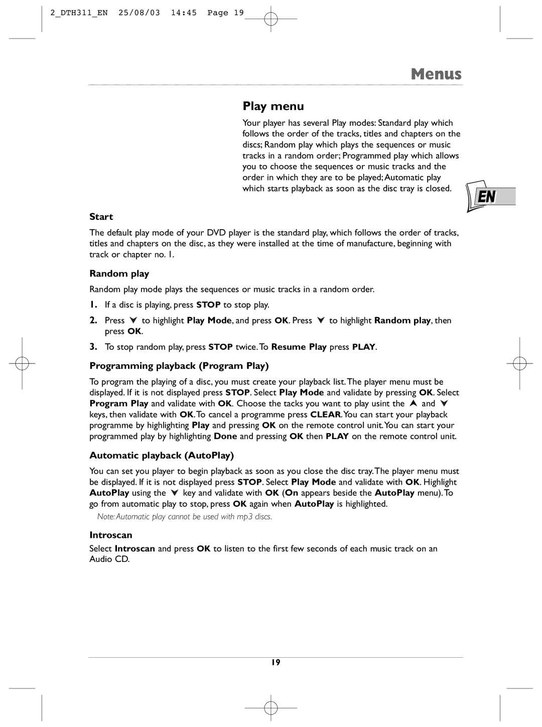 Technicolor - Thomson DTH311 manual Play menu 