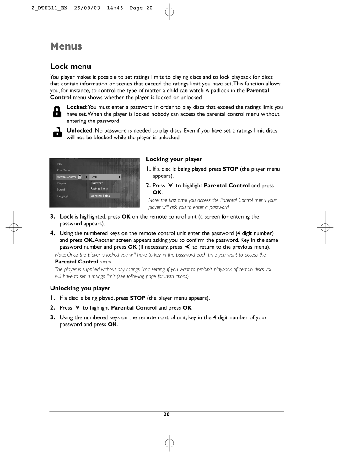 Technicolor - Thomson DTH311 manual Lock menu, Locking your player, Unlocking you player 