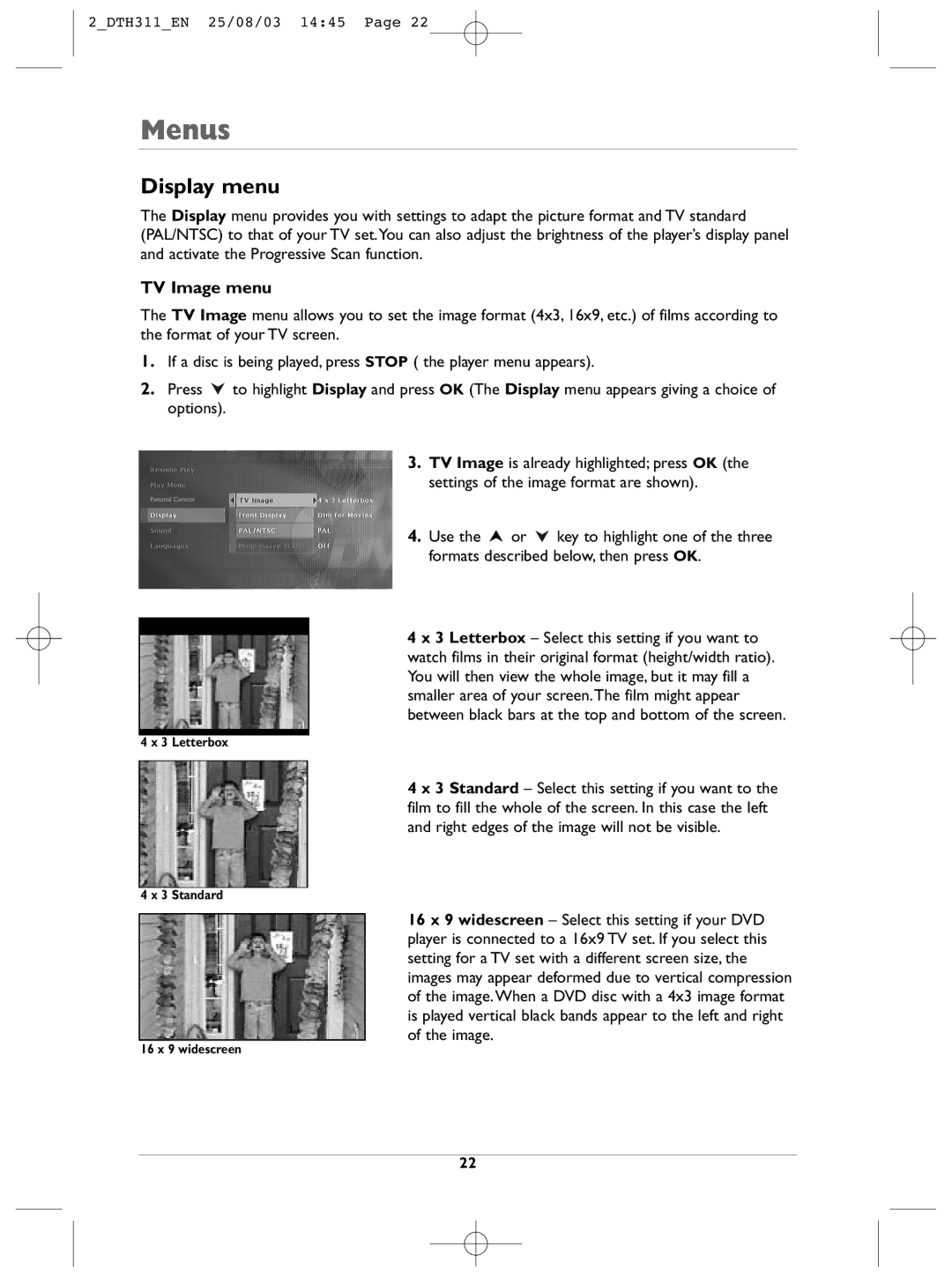 Technicolor - Thomson DTH311 manual Display menu, TV Image menu 