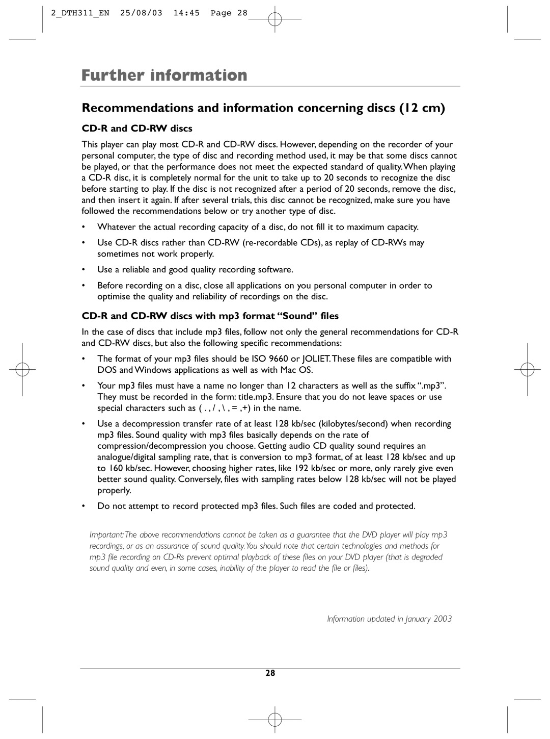 Technicolor - Thomson DTH311 manual Recommendations and information concerning discs 12 cm, CD-R and CD-RW discs 