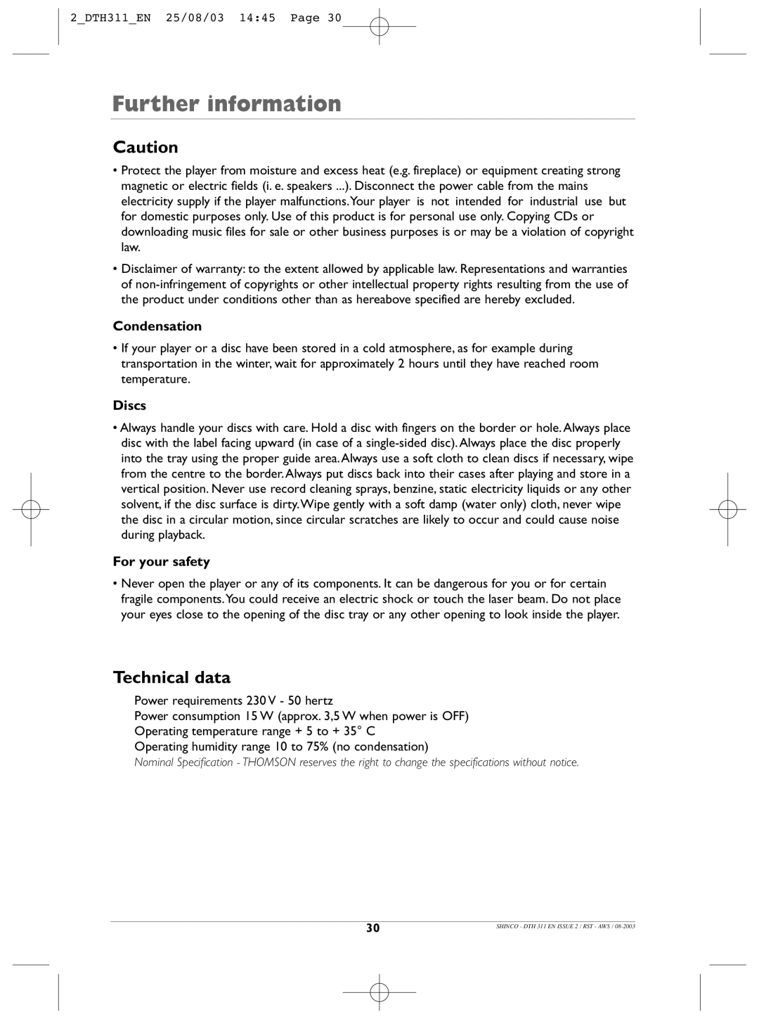 Technicolor - Thomson DTH311 manual Technical data, Condensation, Discs, For your safety 