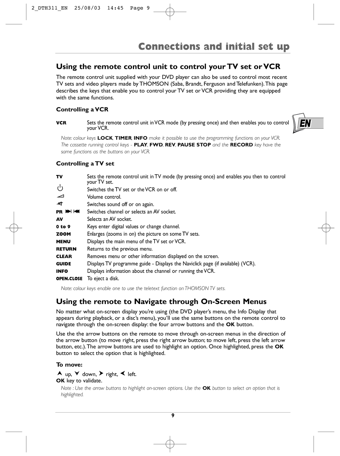 Technicolor - Thomson DTH311 manual Using the remote control unit to control your TV set or VCR, Controlling a VCR, To move 