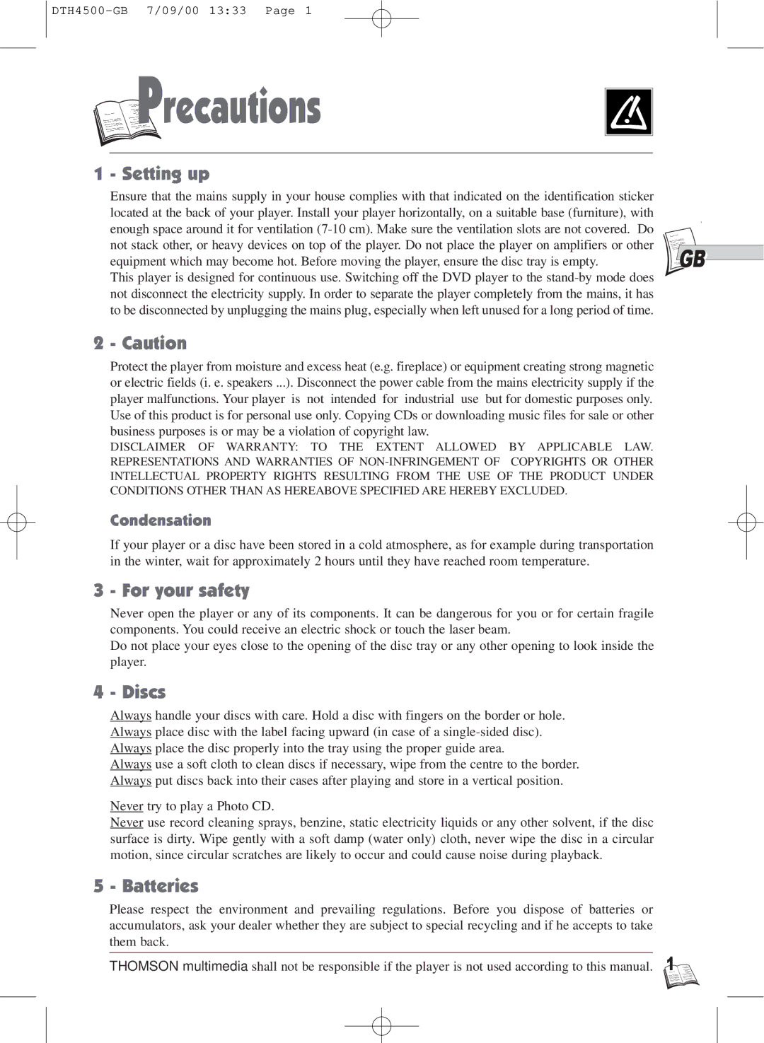 Technicolor - Thomson DTH4500 warranty Precautions, Setting up, For your safety, Discs, Batteries 