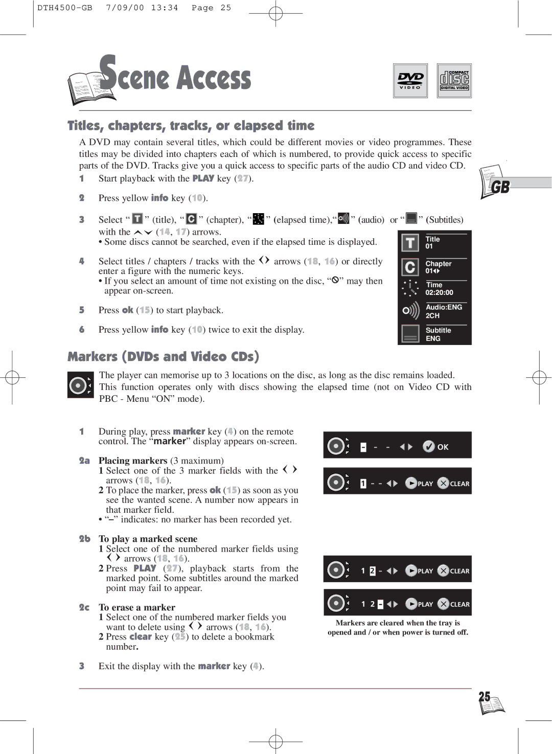 Technicolor - Thomson DTH4500 warranty Cene Access, Titles, chapters, tracks, or elapsed time, Markers DVDs and Video CDs 