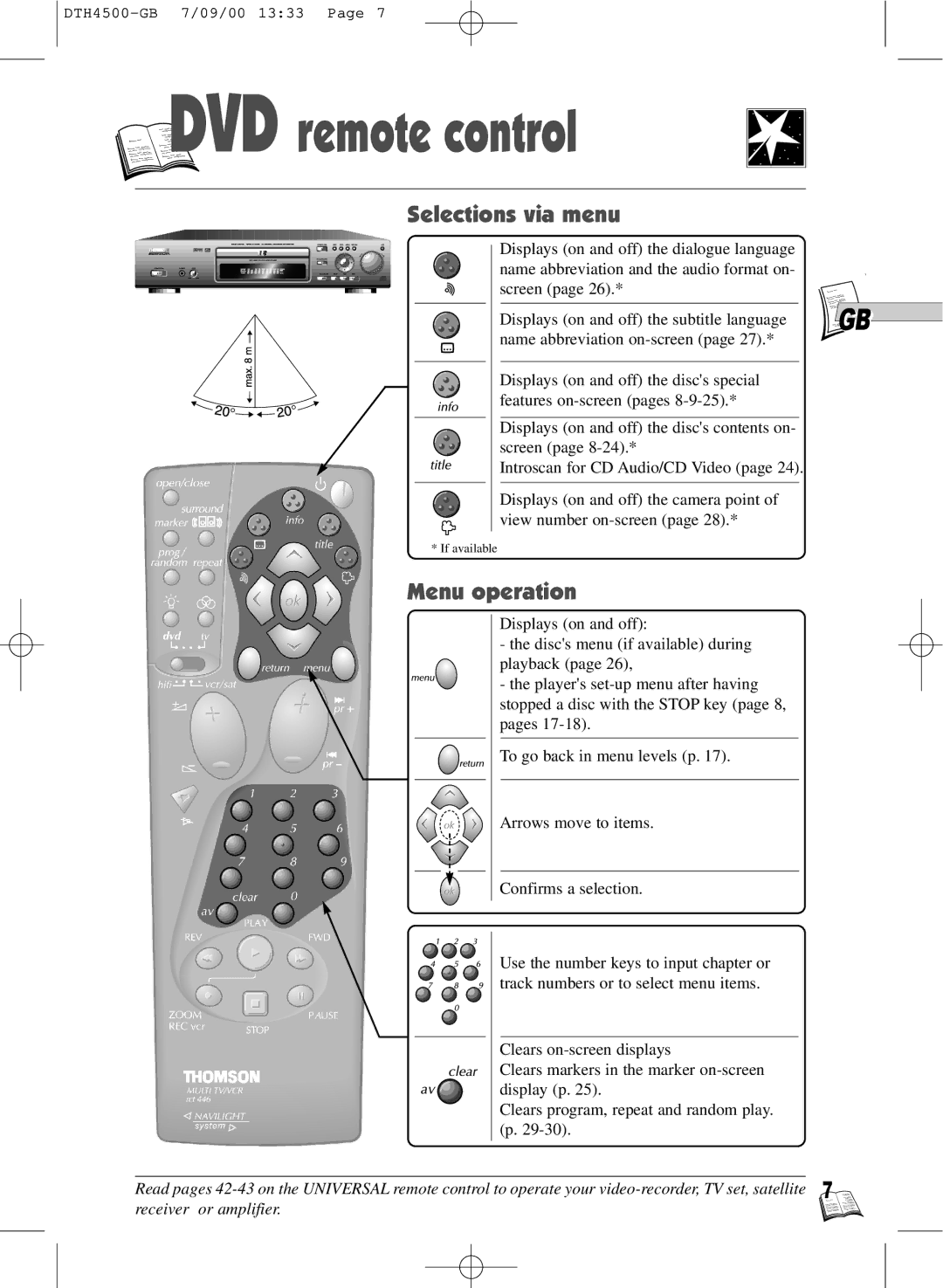 Technicolor - Thomson DTH4500 warranty DVD remote control, Selections via menu, Menu operation 