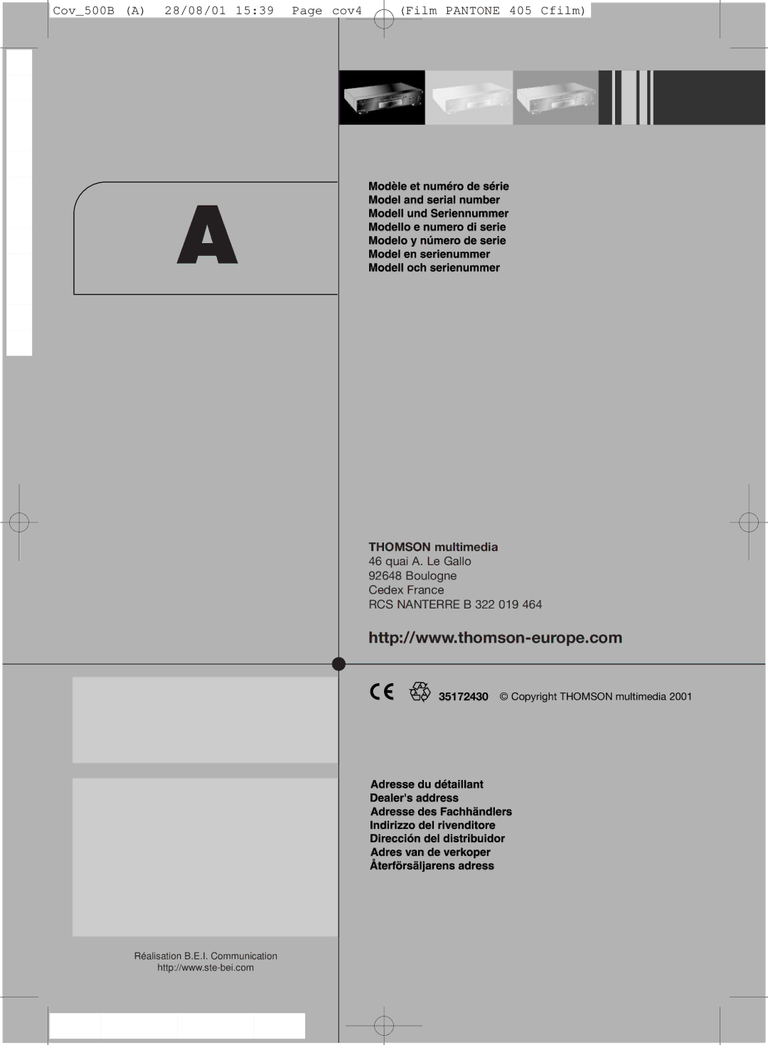 Technicolor - Thomson DTH500B manual Cov500B a 28/08/01 1539 Page cov4 