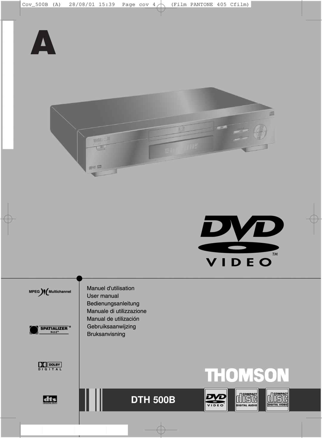 Technicolor - Thomson DTH500B manual Cov500B A 28/08/01 1539 Page cov, Film PANTONE 405 Cfilm, DTH 500B 