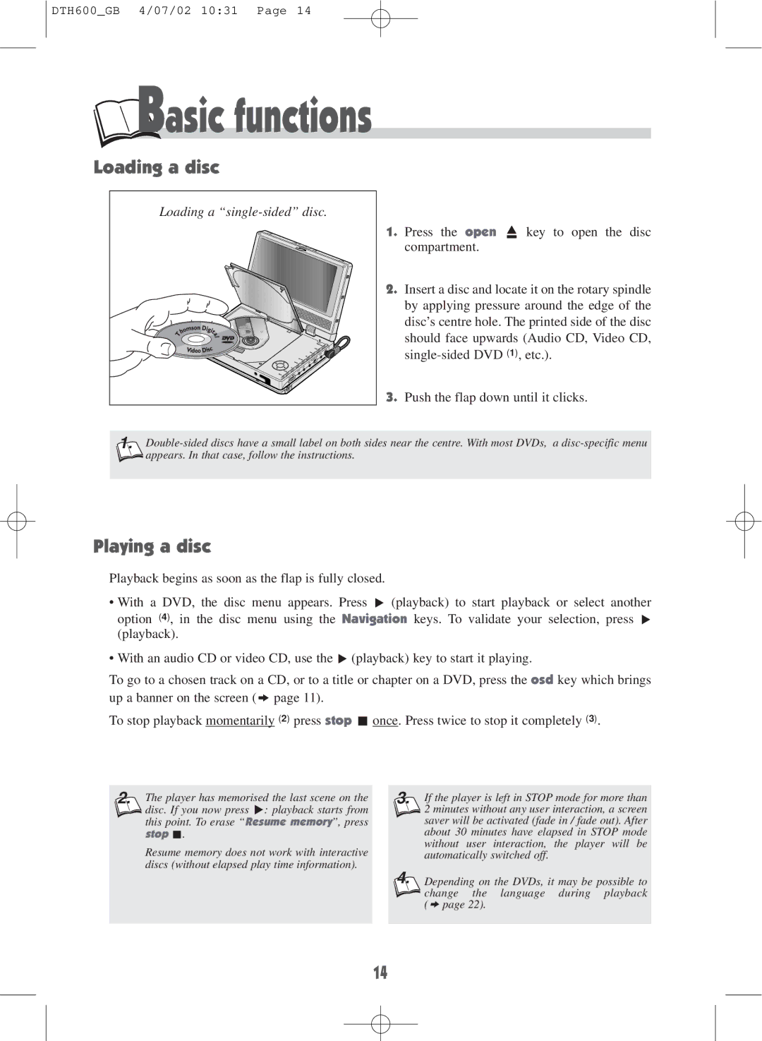 Technicolor - Thomson DTH600 user manual Basic functions, Loading a disc, Playing a disc 