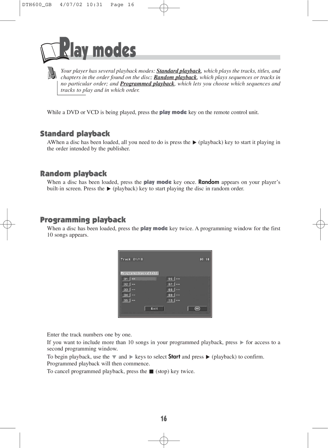 Technicolor - Thomson DTH600 user manual Play modes, Standard playback, Random playback, Programming playback 