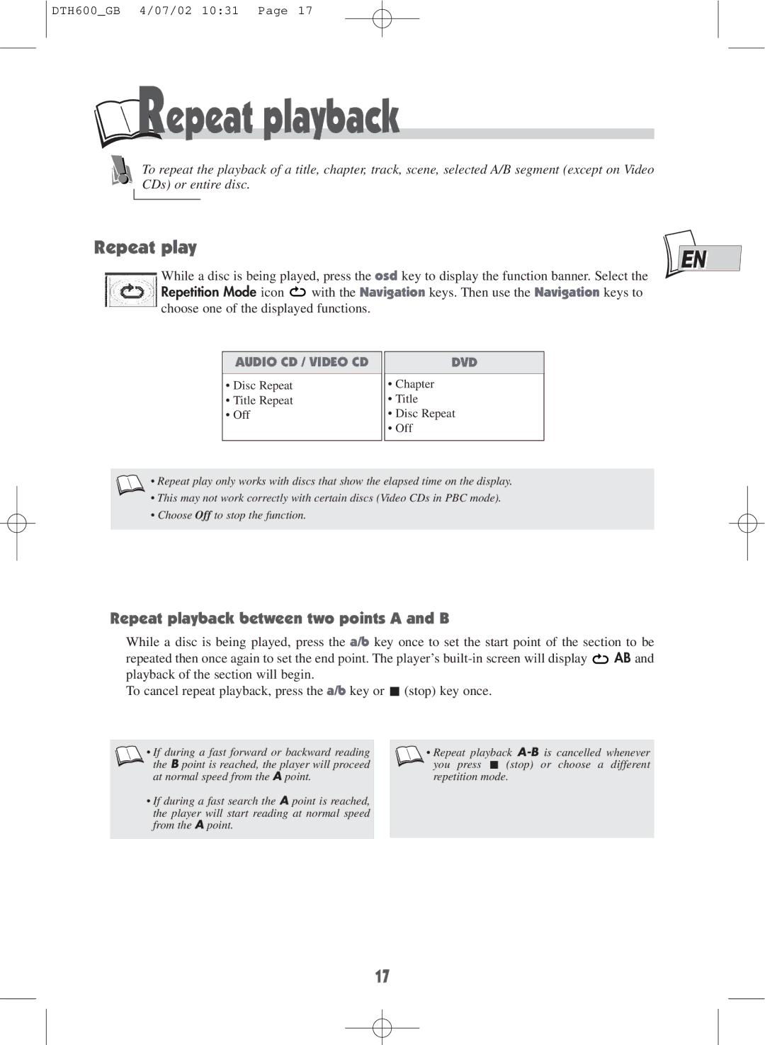 Technicolor - Thomson DTH600 user manual Repeat playback 