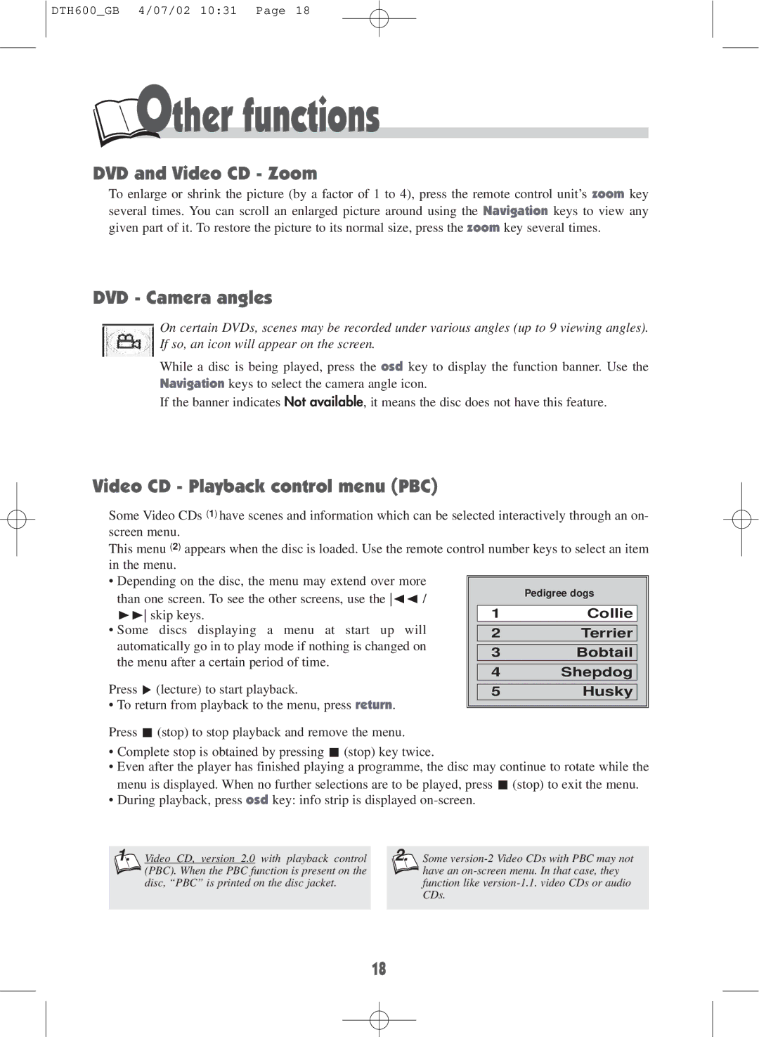 Technicolor - Thomson DTH600 Other functions, DVD and Video CD Zoom, DVD Camera angles, Video CD Playback control menu PBC 