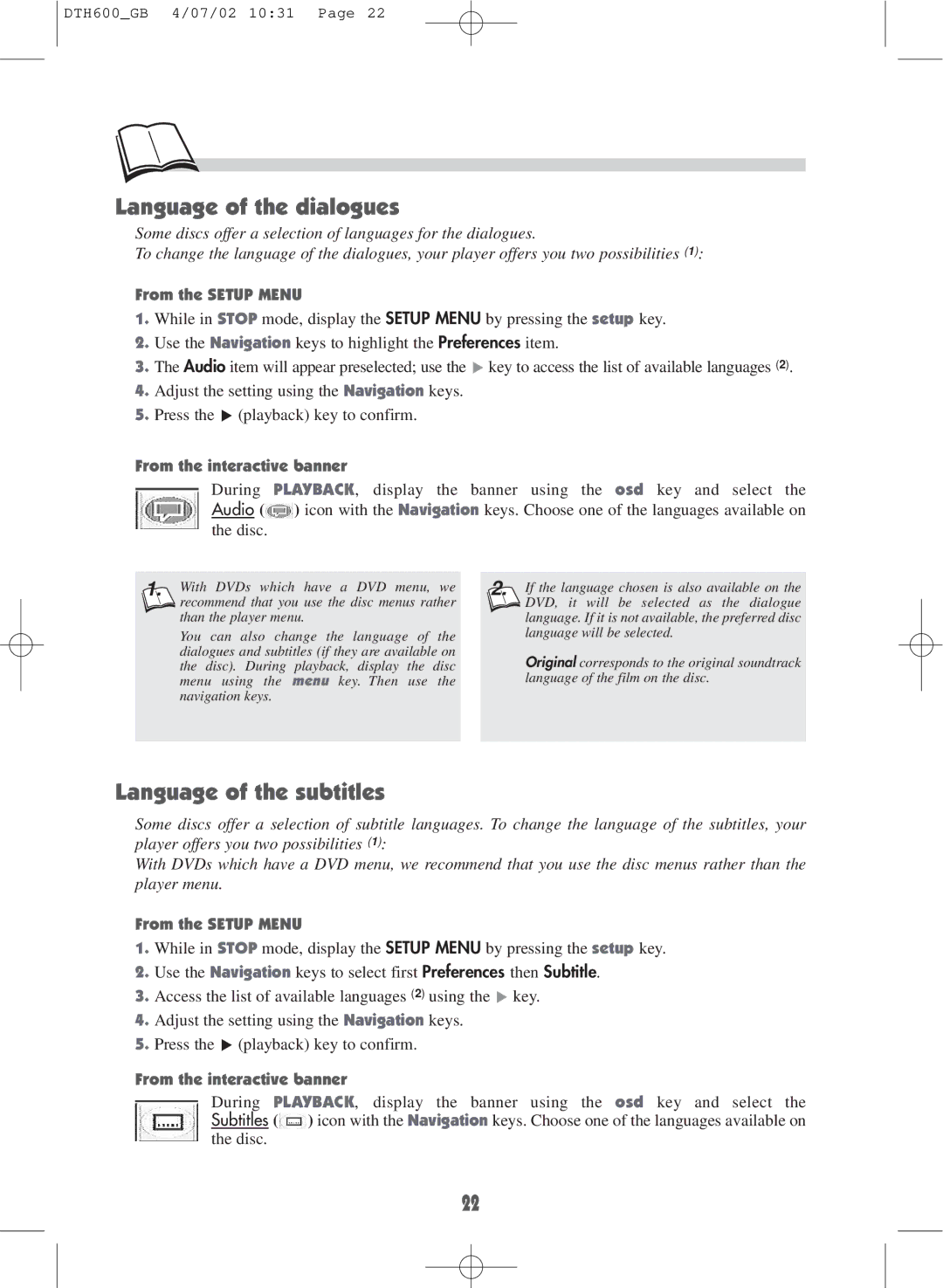 Technicolor - Thomson DTH600 user manual Language of the dialogues, Language of the subtitles 