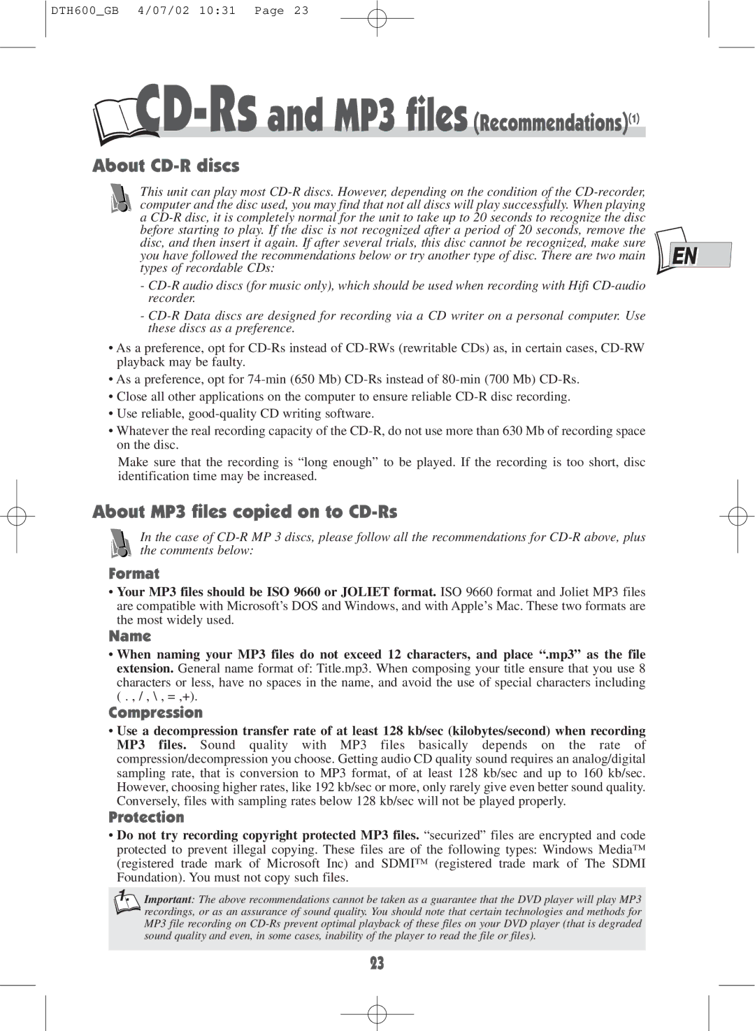 Technicolor - Thomson DTH600 user manual About CD-R discs, About MP3 files copied on to CD-Rs 