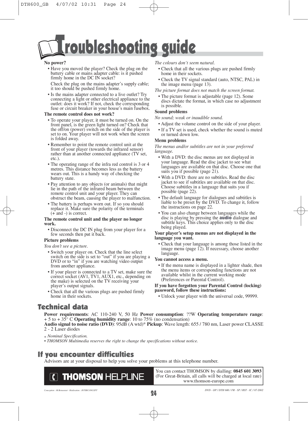 Technicolor - Thomson DTH600 user manual Troubleshooting guide, Technical data, If you encounter difficulties 