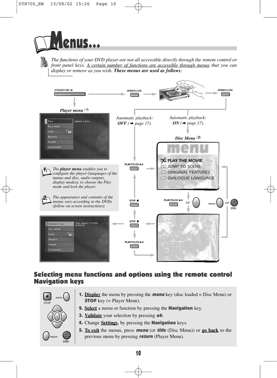 Technicolor - Thomson DTH700 warranty Menus…, Disc Menu 