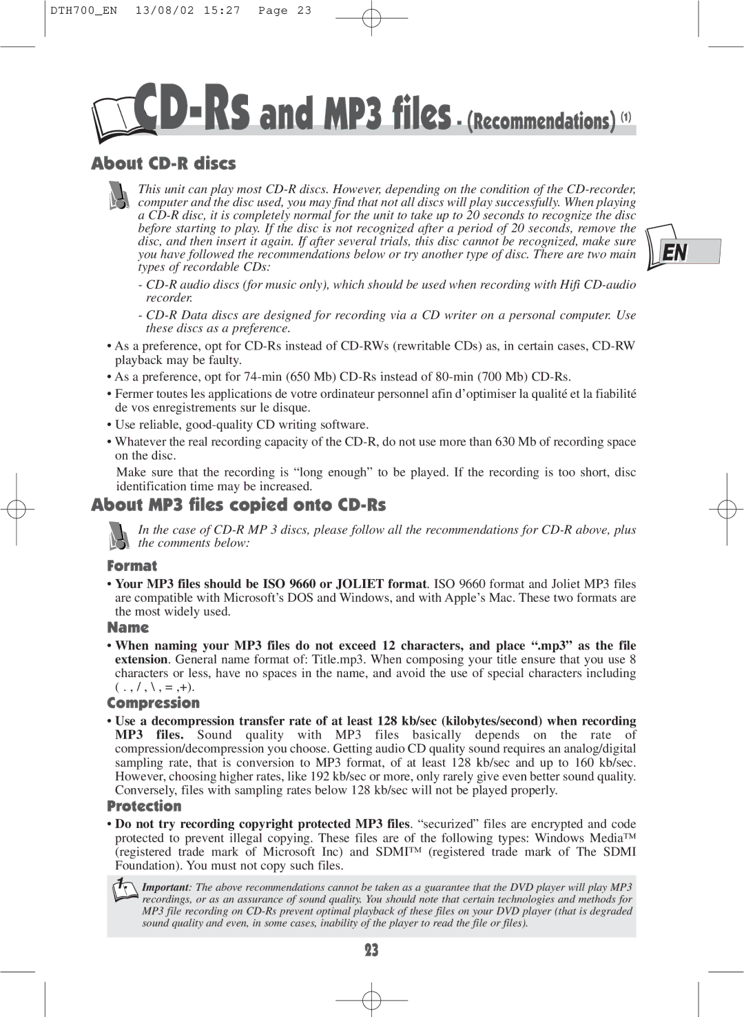 Technicolor - Thomson DTH700 warranty About CD-R discs, About MP3 files copied onto CD-Rs 