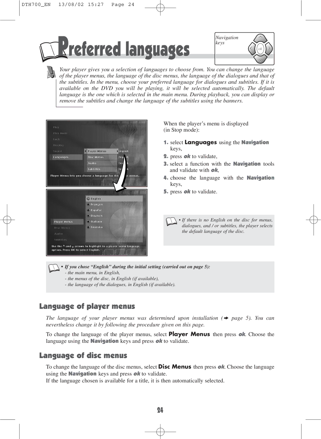 Technicolor - Thomson DTH700 warranty Language of player menus, Language of disc menus 