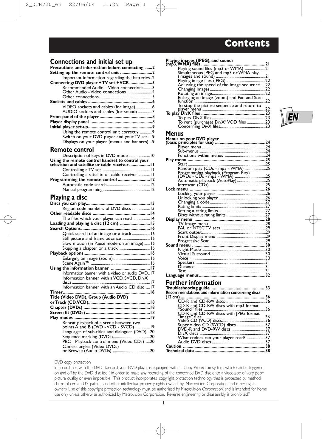 Technicolor - Thomson DTH720 manual Contents 