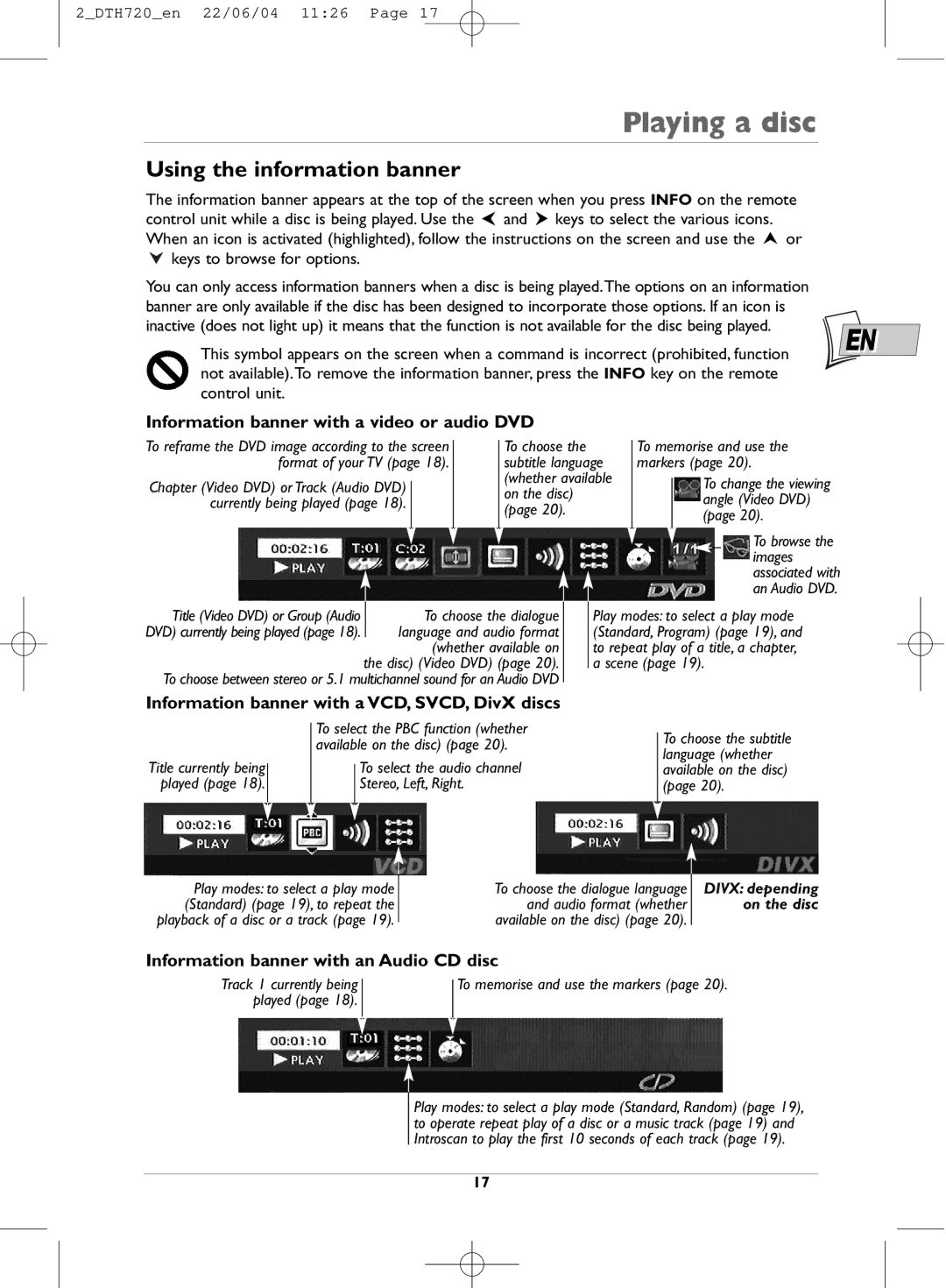 Technicolor - Thomson DTH720 manual Using the information banner, Information banner with a video or audio DVD 