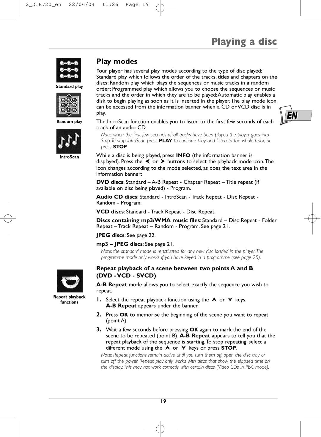 Technicolor - Thomson DTH720 manual Play modes, Mp3 Jpeg discs See 