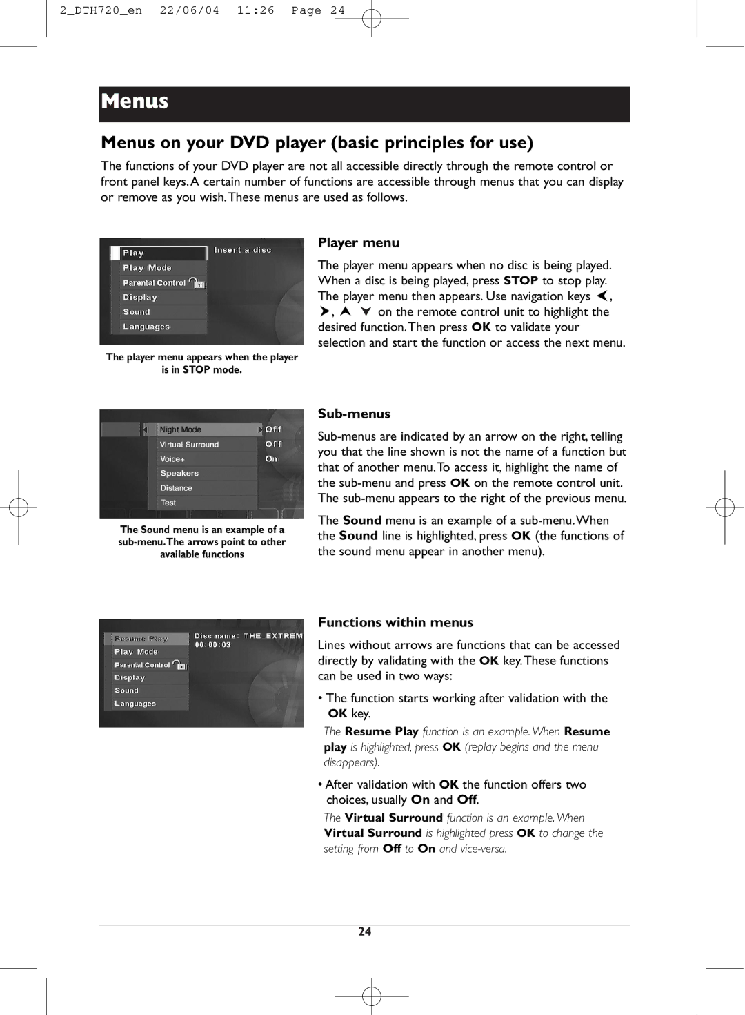 Technicolor - Thomson DTH720 manual Menus on your DVD player basic principles for use, Player menu, Sub-menus 