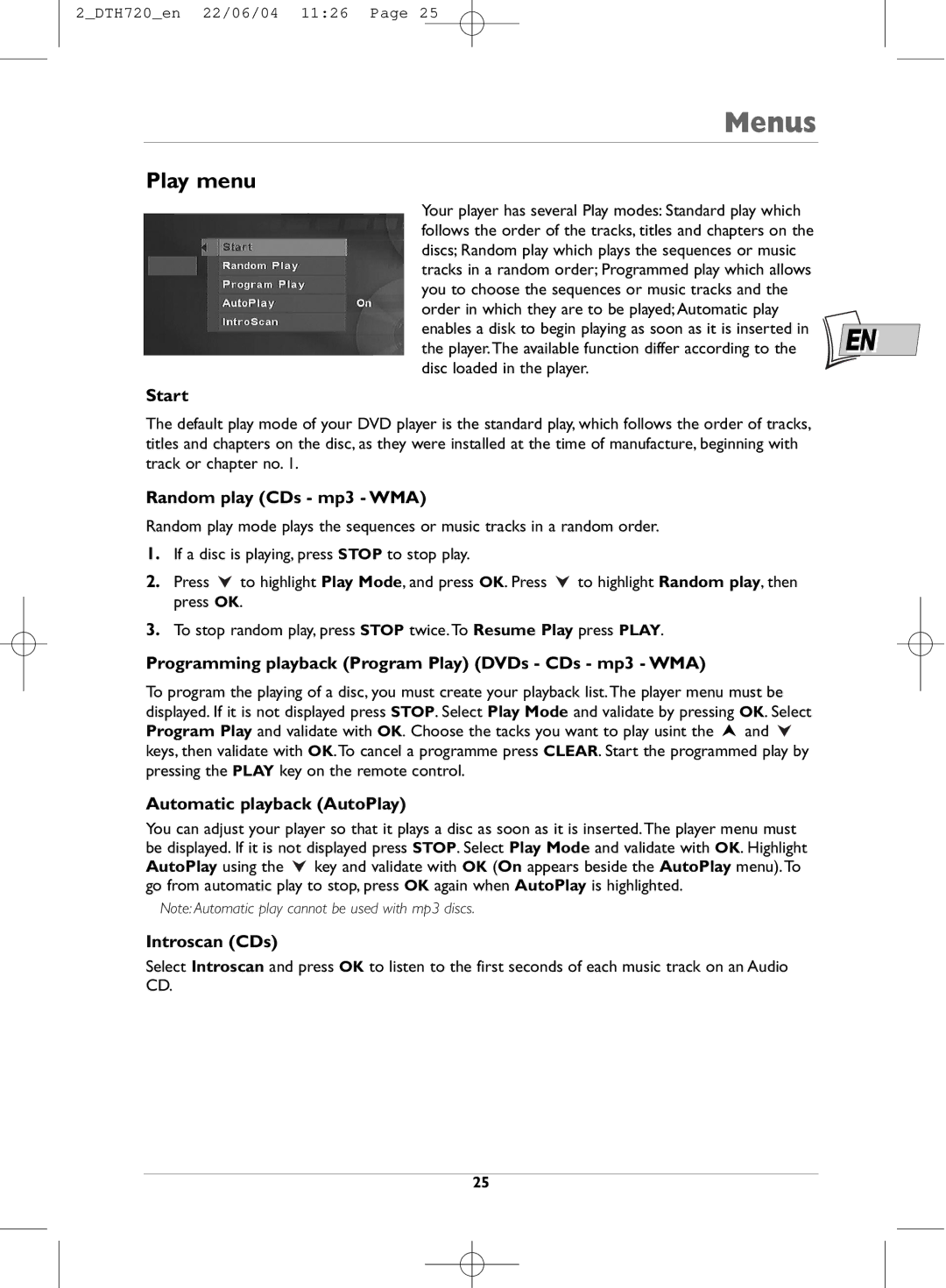 Technicolor - Thomson DTH720 manual Play menu 