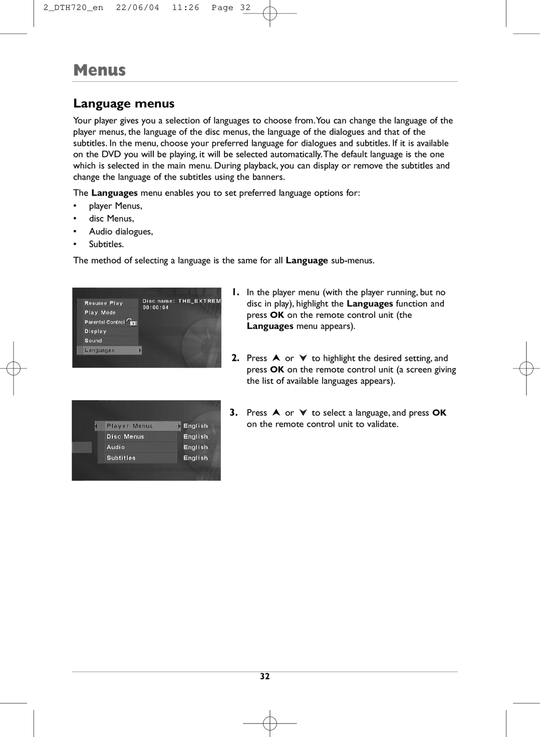 Technicolor - Thomson DTH720 manual Language menus 