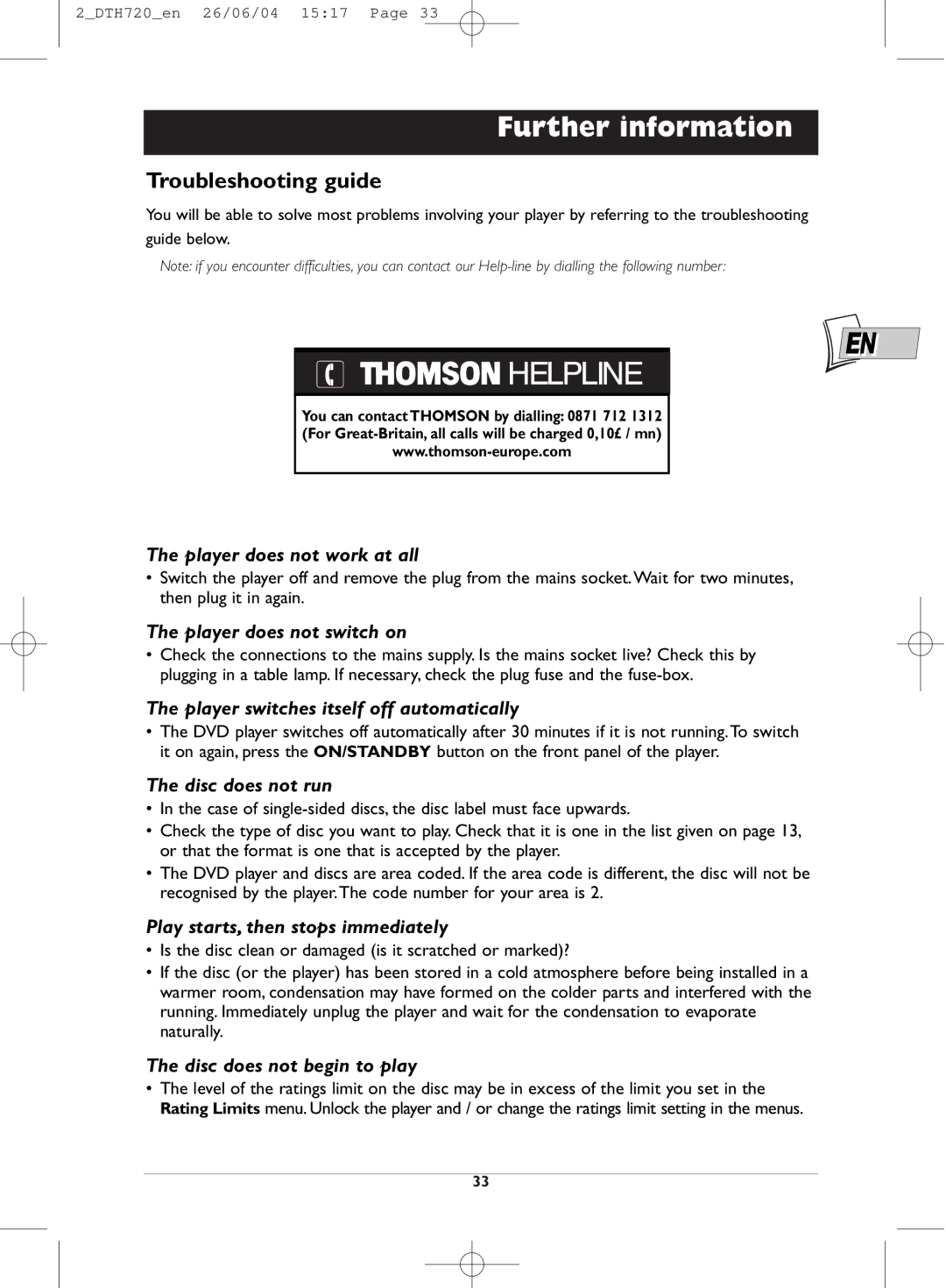 Technicolor - Thomson DTH720 manual Further information, Troubleshooting guide 