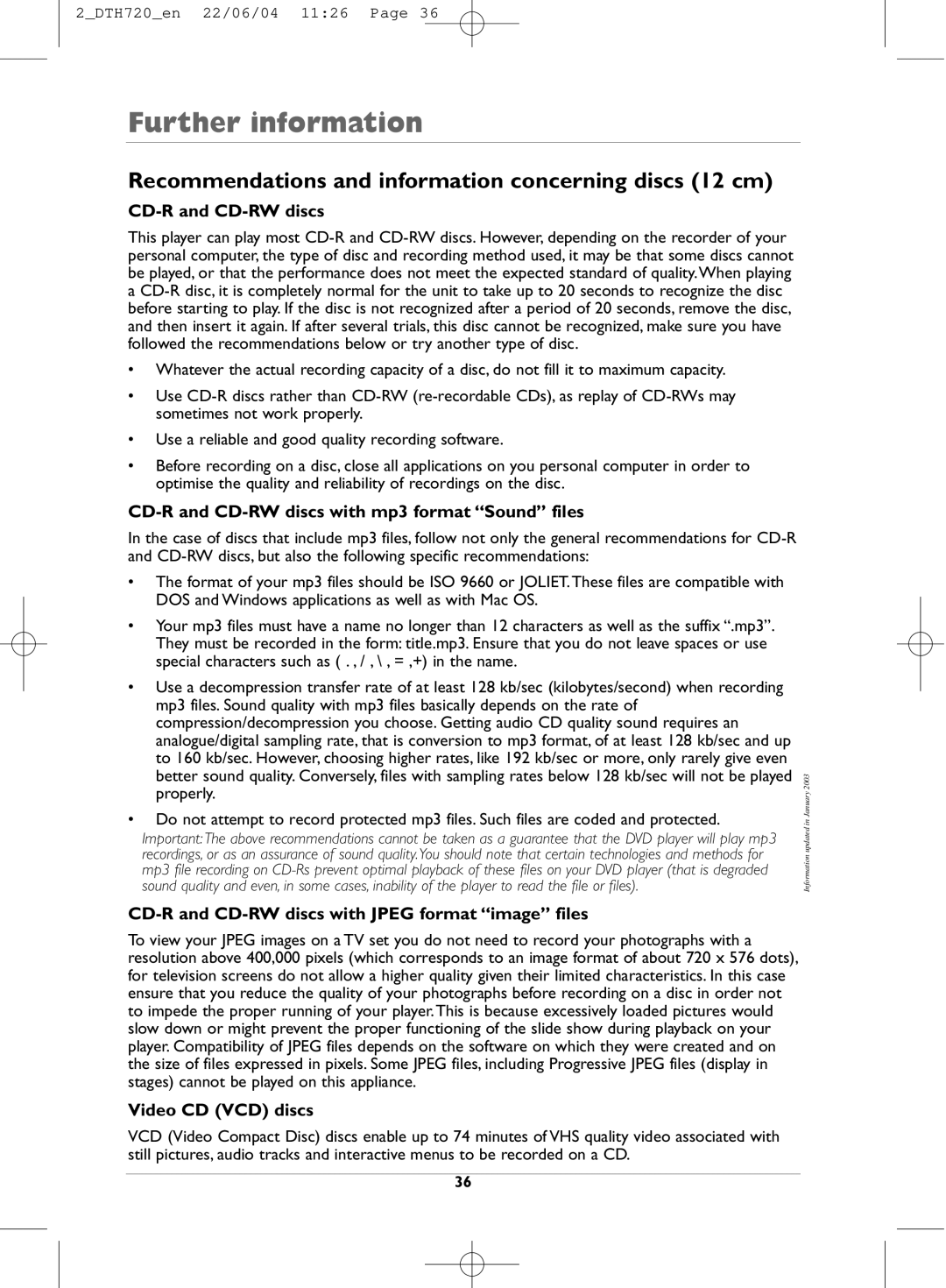 Technicolor - Thomson DTH720 manual Recommendations and information concerning discs 12 cm, CD-R and CD-RW discs 