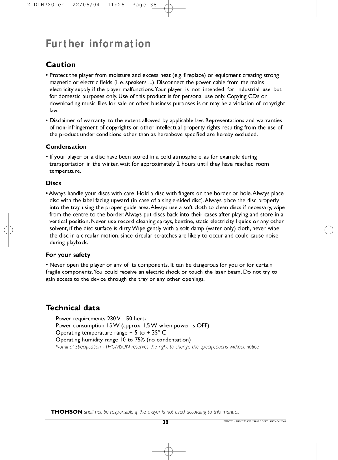 Technicolor - Thomson DTH720 manual Technical data, Condensation, Discs, For your safety 