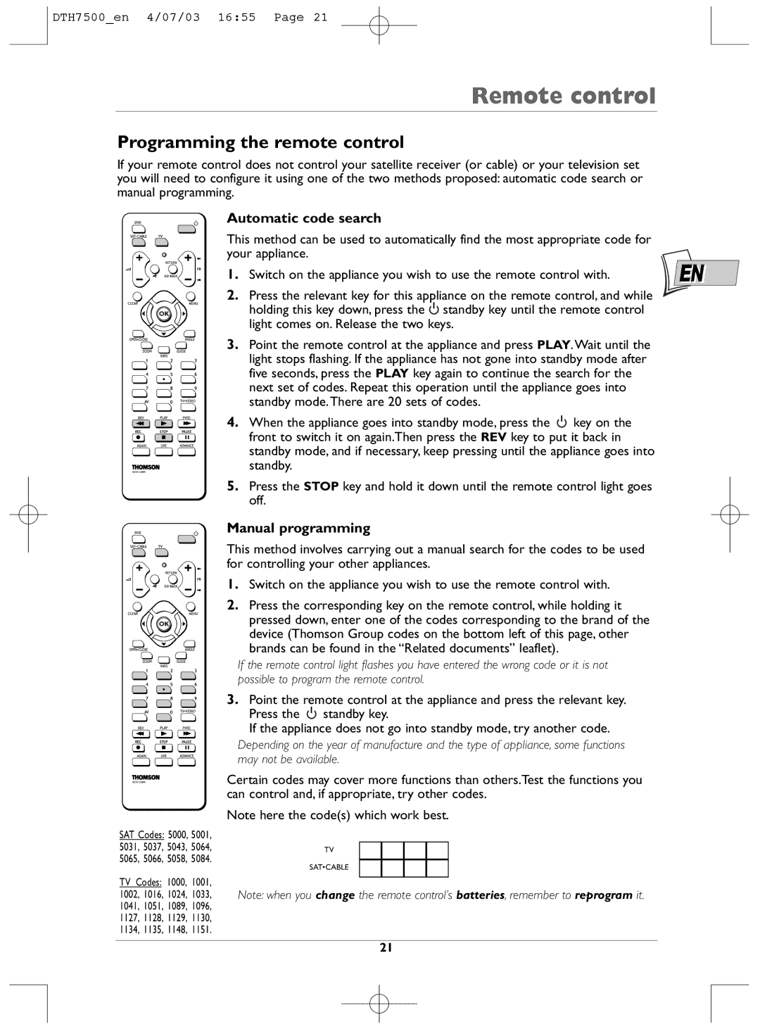 Technicolor - Thomson DTH7500 manual Programming the remote control, Automatic code search, Manual programming 