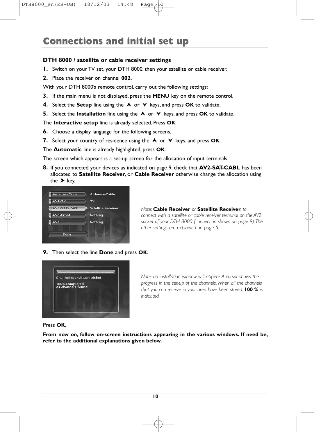 Technicolor - Thomson DTH8000 manual DTH 8000 / satellite or cable receiver settings 