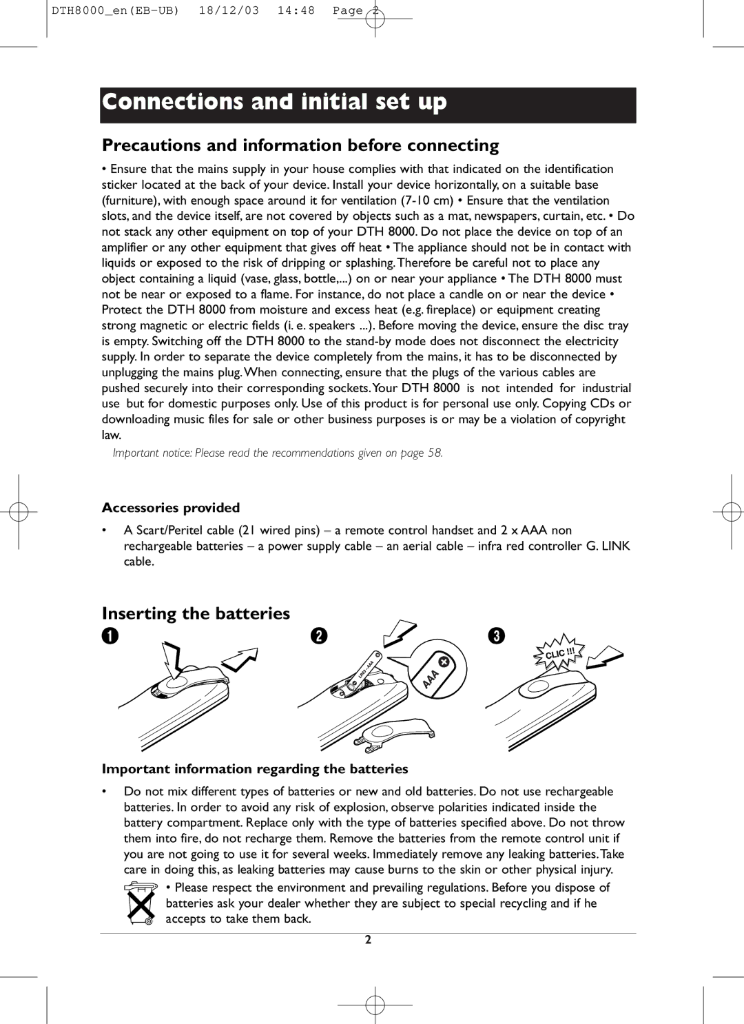 Technicolor - Thomson DTH8000 Precautions and information before connecting, Inserting the batteries, Accessories provided 