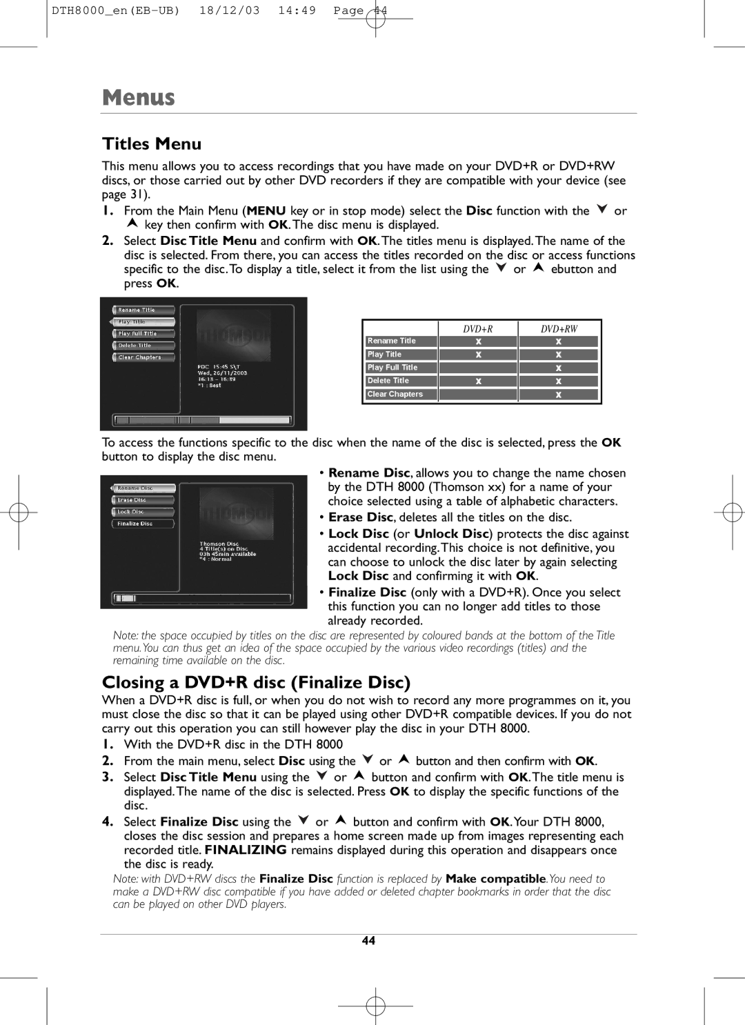 Technicolor - Thomson DTH8000 manual Titles Menu, Closing a DVD+R disc Finalize Disc 