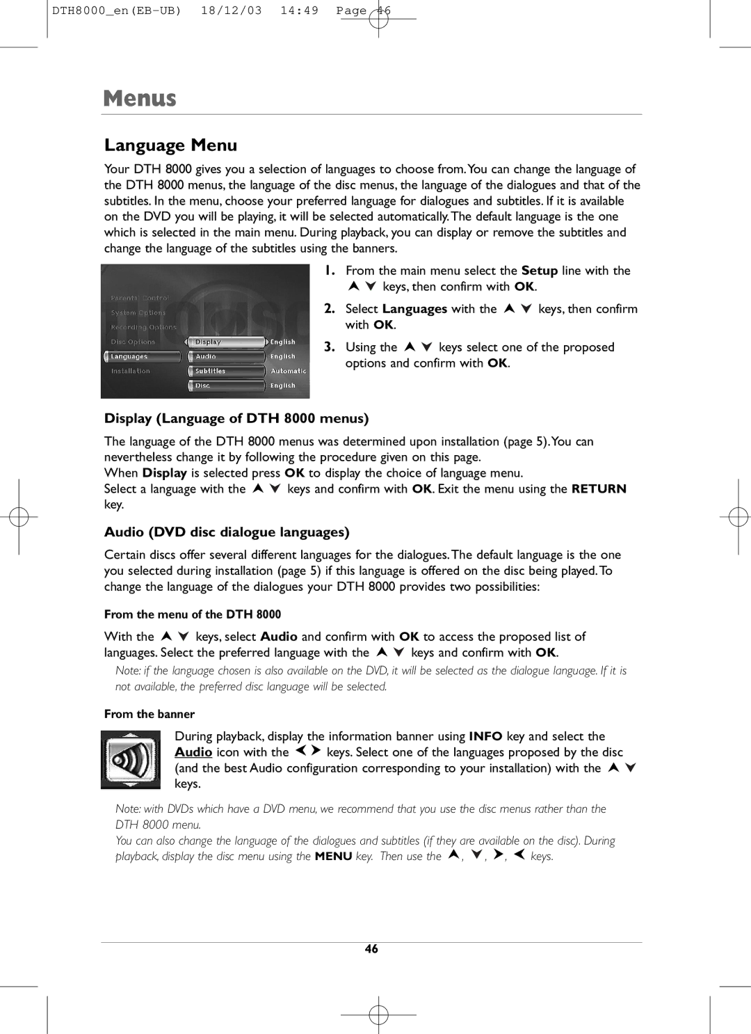 Technicolor - Thomson DTH8000 manual Language Menu, Display Language of DTH 8000 menus, Audio DVD disc dialogue languages 