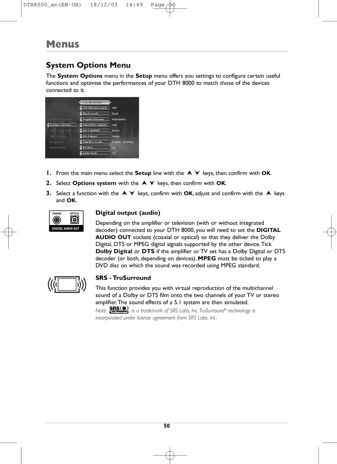 Technicolor - Thomson DTH8000 manual System Options Menu, Digital output audio, SRS TruSurround 