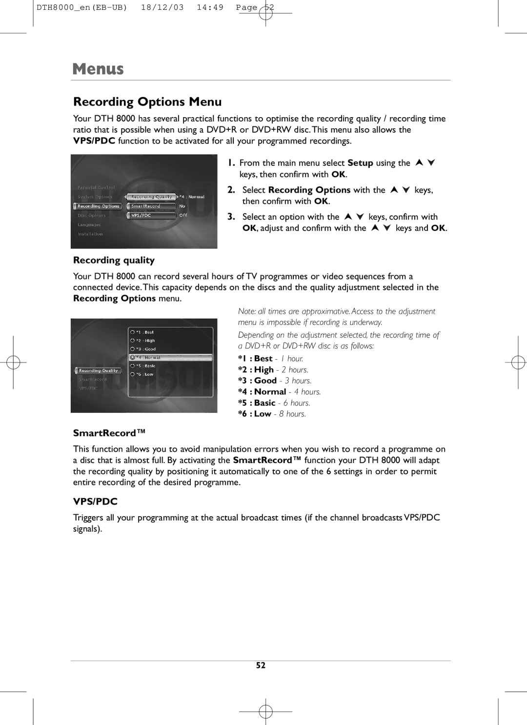 Technicolor - Thomson DTH8000 manual Recording Options Menu, Recording quality, SmartRecord 