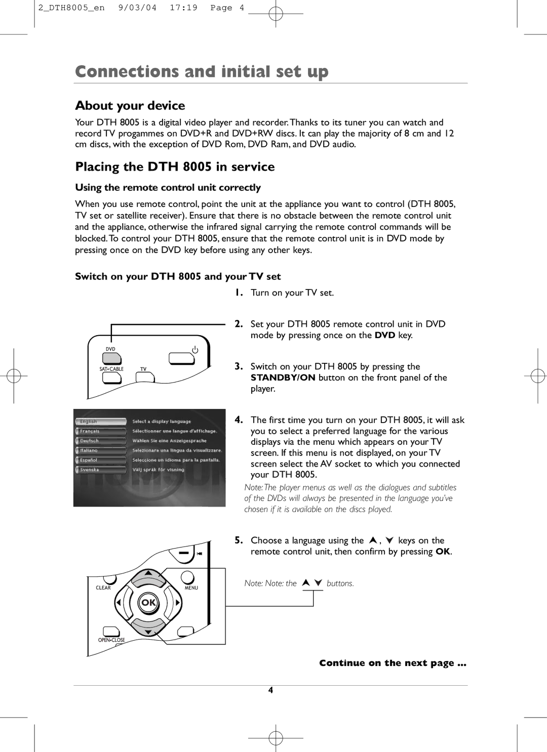 Technicolor - Thomson DTH8005 About your device, Placing the DTH 8005 in service, Using the remote control unit correctly 