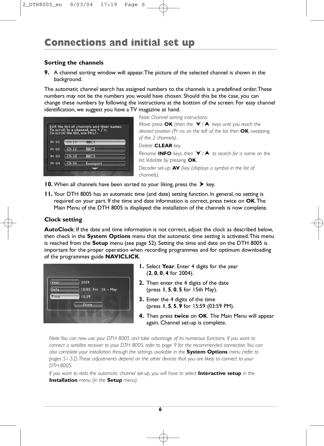 Technicolor - Thomson DTH8005 warranty Sorting the channels, Clock setting 