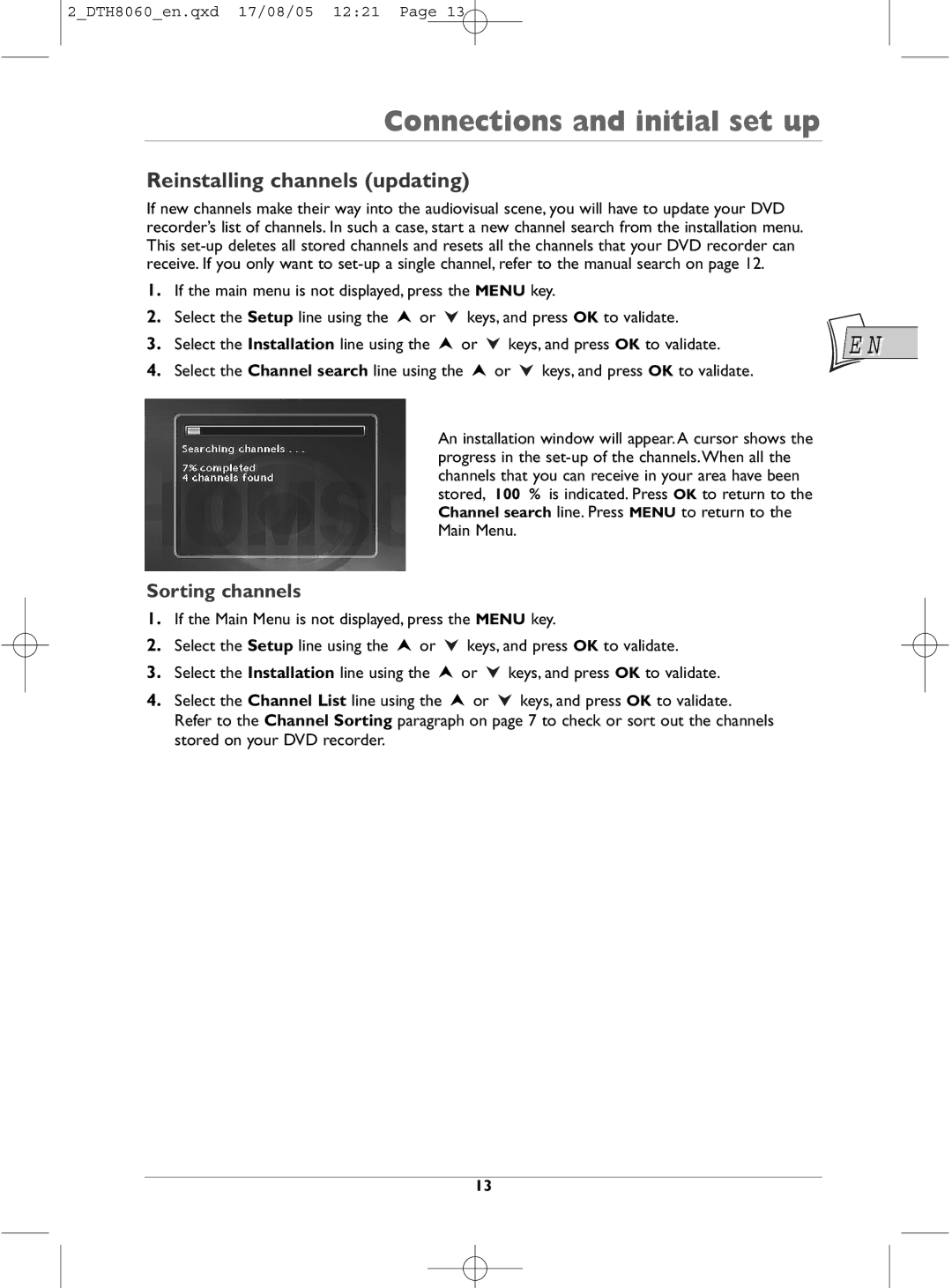 Technicolor - Thomson DTH8060 manual Reinstalling channels updating, Sorting channels 
