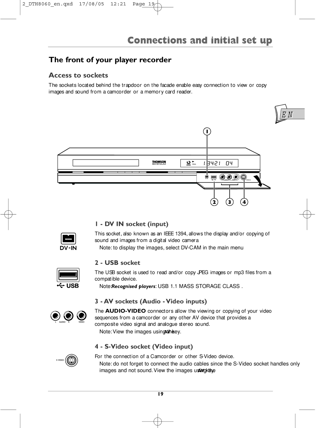 Technicolor - Thomson DTH8060 manual Front of your player recorder, Access to sockets 