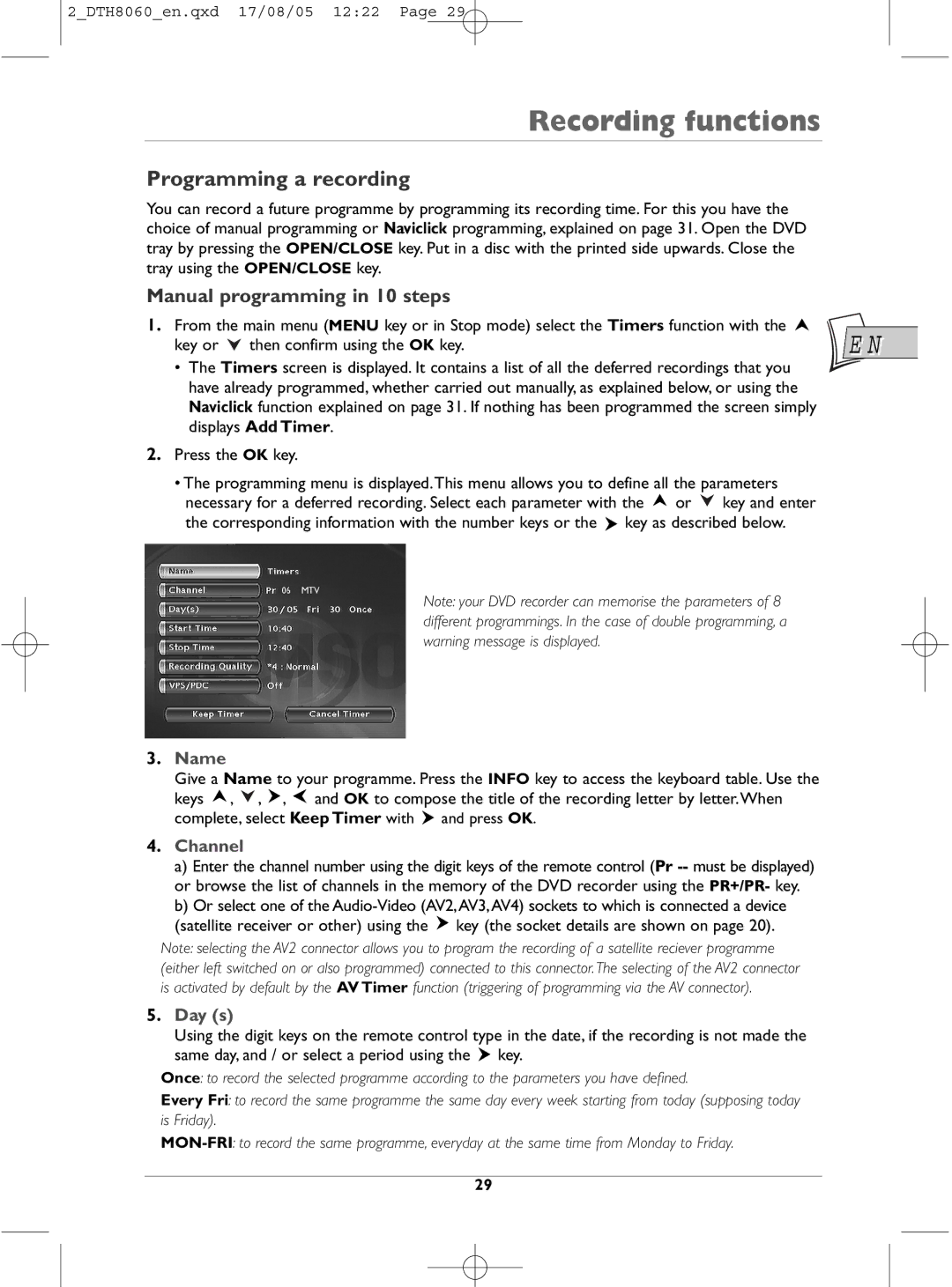 Technicolor - Thomson DTH8060 manual Programming a recording, Manual programming in 10 steps, Name, Channel, Day s 