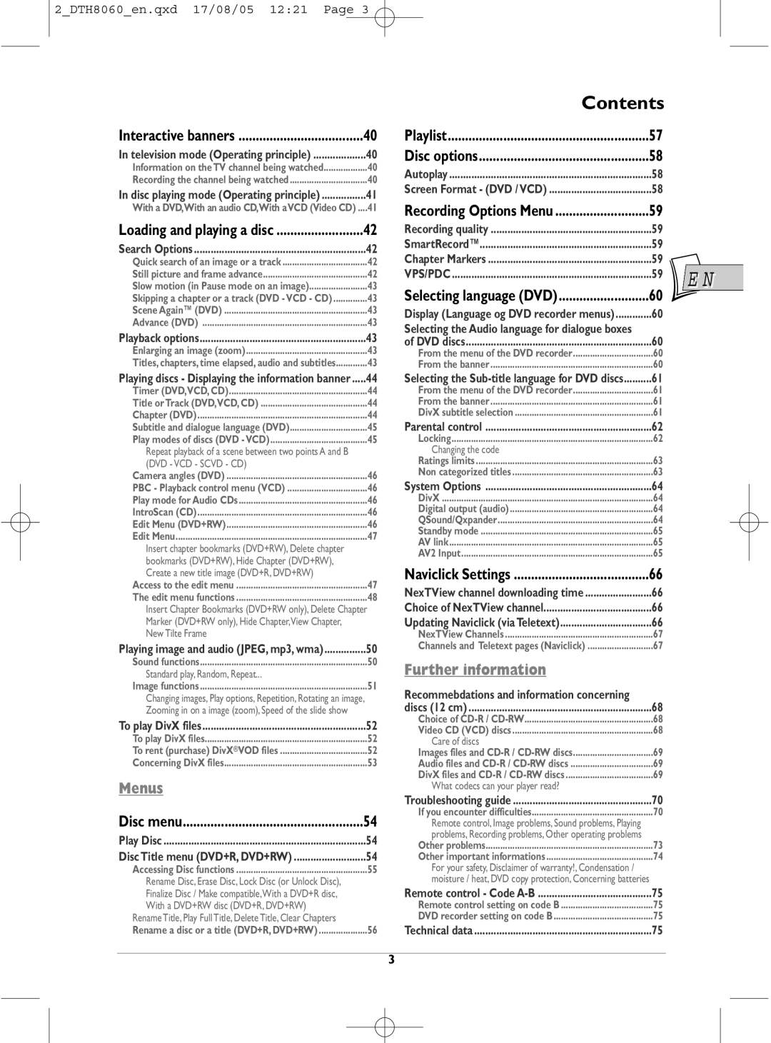 Technicolor - Thomson DTH8060 manual Menus 