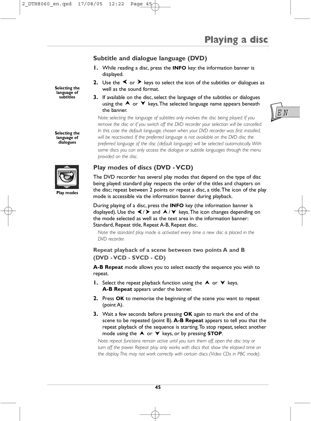 Technicolor - Thomson DTH8060 manual Subtitle and dialogue language DVD, Play modes of discs DVD VCD 