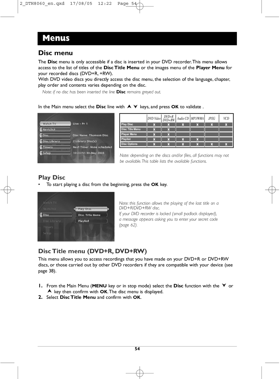 Technicolor - Thomson DTH8060 manual Disc menu, Play Disc, Disc Title menu DVD+R, DVD+RW 